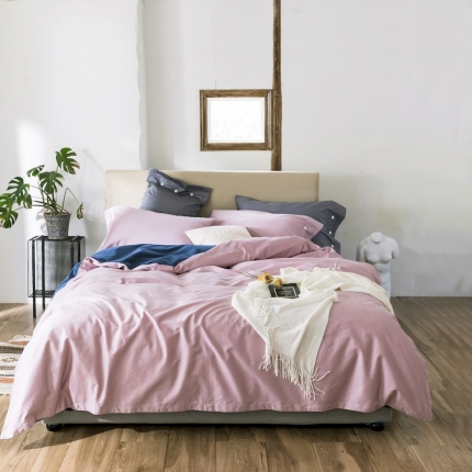 涞澳家纺 2019新款60长绒棉拼色一网红色四件套 粉配兰