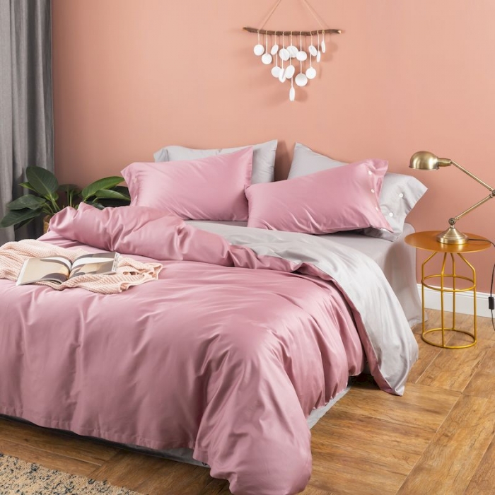 91家纺网 家纺一手货源 找家纺 涞澳家纺 2019新款60长绒棉平色二简易四件套 帝灰配柑红