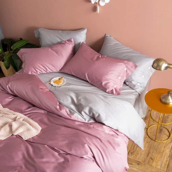 91家纺网 家纺一手货源 找家纺 涞澳家纺 2019新款60长绒棉平色二简易四件套 帝灰配柑红