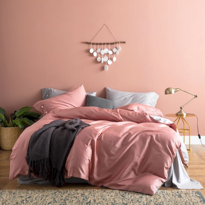 91家纺网 家纺一手货源 找家纺 涞澳家纺 2019新款60长绒棉平色二简易四件套 帝灰配颊红