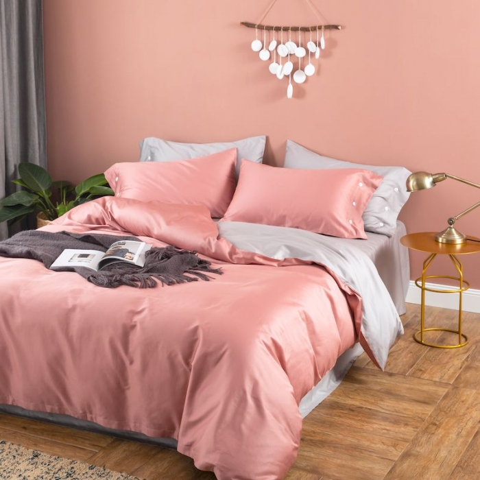 91家纺网 家纺一手货源 找家纺 涞澳家纺 2019新款60长绒棉平色二简易四件套 帝灰配颊红