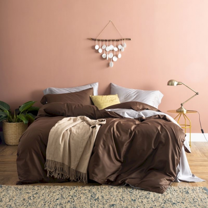 91家纺网 家纺一手货源 找家纺 涞澳家纺 2019新款60长绒棉平色二简易四件套帝灰配咖啡棕