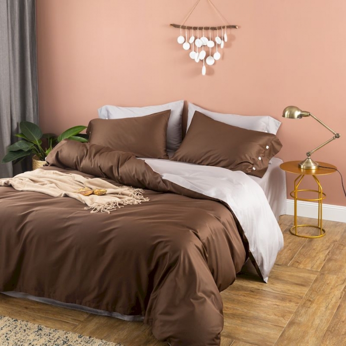 91家纺网 家纺一手货源 找家纺 涞澳家纺 2019新款60长绒棉平色二简易四件套帝灰配咖啡棕