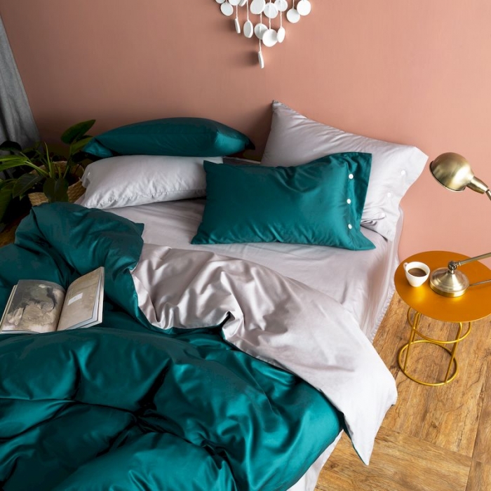 91家纺网 家纺一手货源 找家纺 涞澳家纺 2019新款60长绒棉平色二简易四件套 帝灰配墨绿