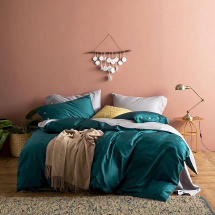 涞澳家纺 2019新款60长绒棉平色二简易四件套 帝灰配墨绿