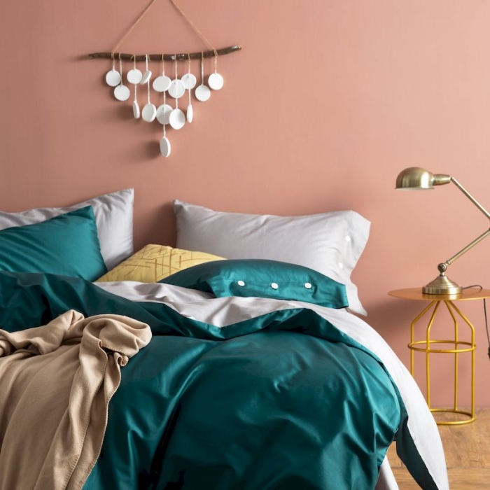 91家纺网 家纺一手货源 找家纺 涞澳家纺 2019新款60长绒棉平色二简易四件套 帝灰配墨绿