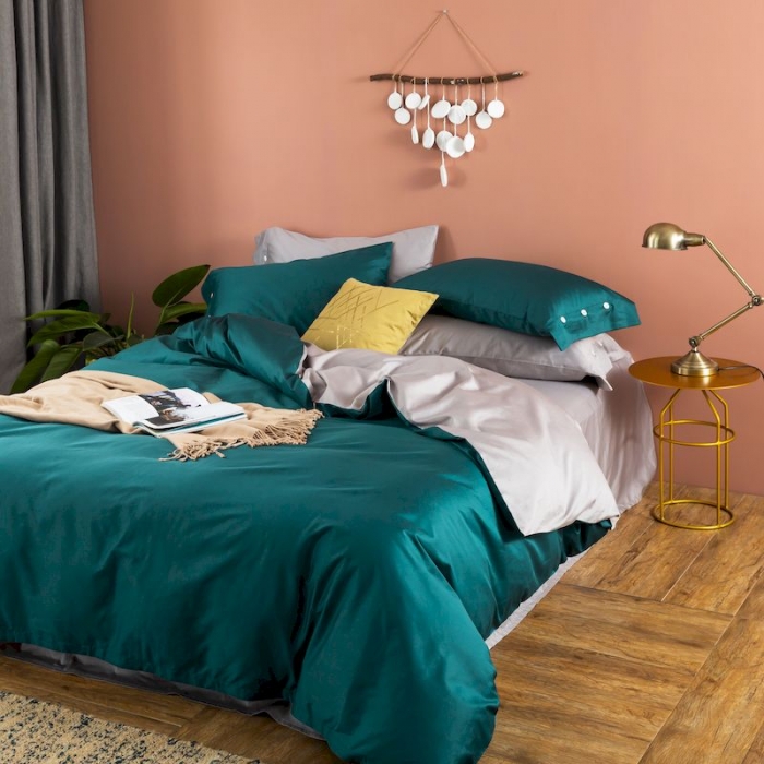 91家纺网 家纺一手货源 找家纺 涞澳家纺 2019新款60长绒棉平色二简易四件套 帝灰配墨绿