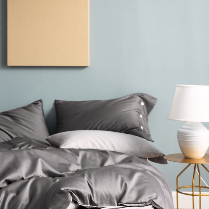 91家纺网 家纺一手货源 找家纺 涞澳家纺 2019新款60长绒棉平色二简易四件套帝灰配碳灰