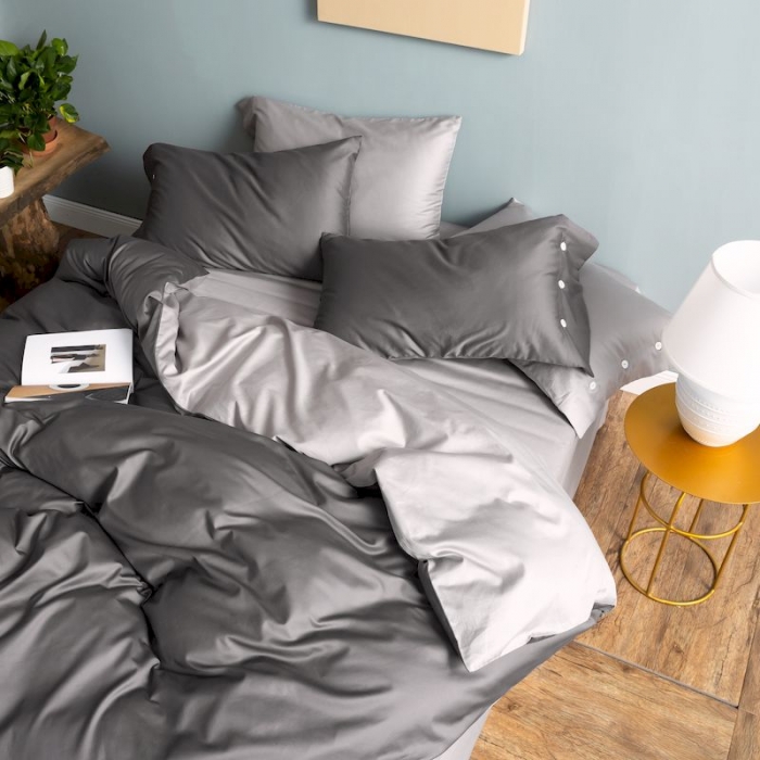 91家纺网 家纺一手货源 找家纺 涞澳家纺 2019新款60长绒棉平色二简易四件套帝灰配碳灰