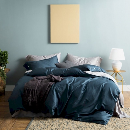 涞澳家纺 2019新款60长绒棉平色二简易四件套帝灰配星蓝