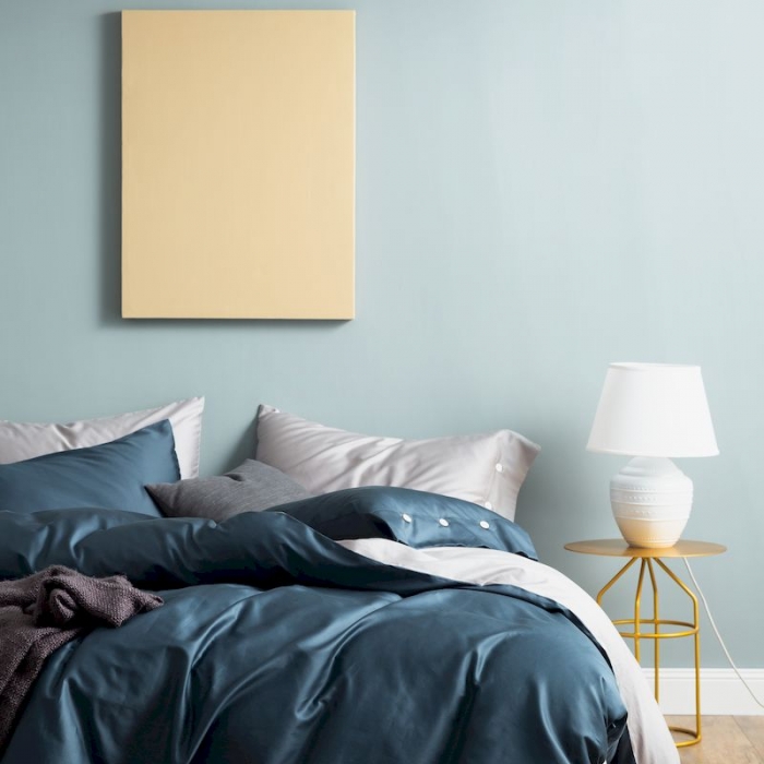 91家纺网 家纺一手货源 找家纺 涞澳家纺 2019新款60长绒棉平色二简易四件套帝灰配星蓝