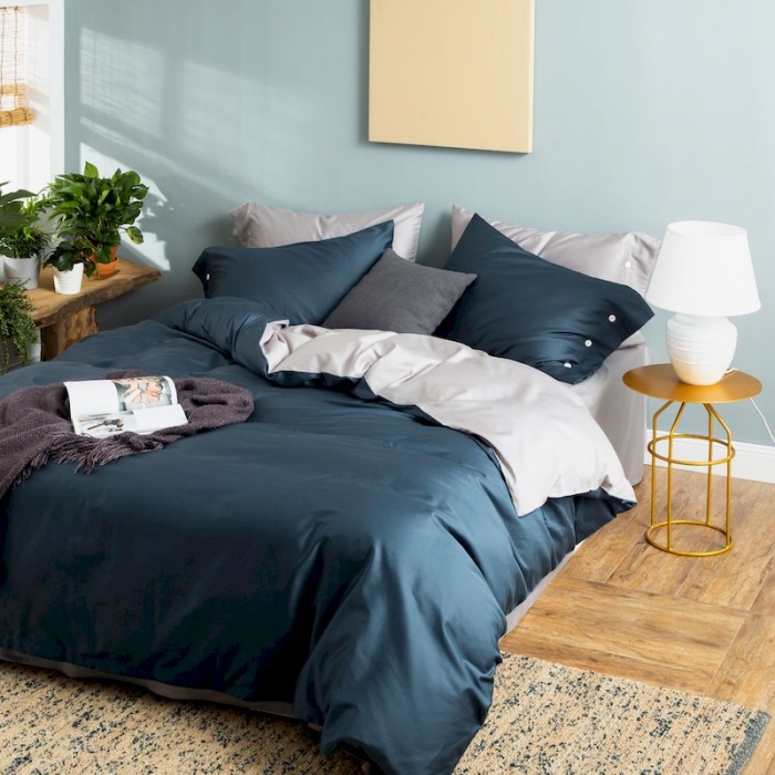 91家纺网 家纺一手货源 找家纺 涞澳家纺 2019新款60长绒棉平色二简易四件套帝灰配星蓝