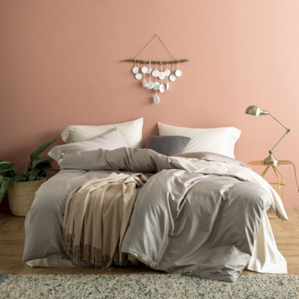 涞澳家纺2019新款60长绒棉平色二简易四件套亚麻灰配冰灿银