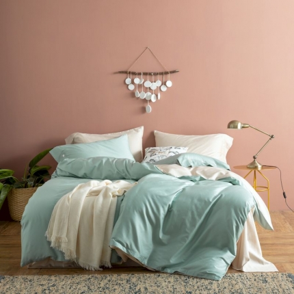 涞澳家纺2019新款60长绒棉平色二简易四件套亚麻灰配梵星蓝