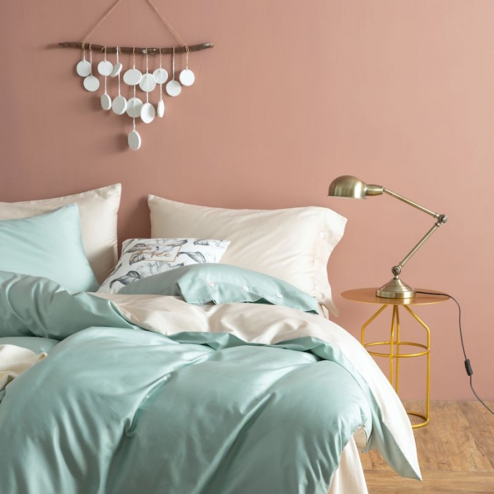 91家纺网 家纺一手货源 找家纺 涞澳家纺2019新款60长绒棉平色二简易四件套亚麻灰配梵星蓝