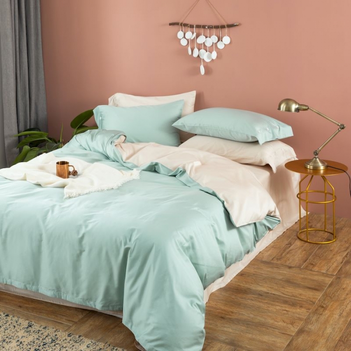 91家纺网 家纺一手货源 找家纺 涞澳家纺2019新款60长绒棉平色二简易四件套亚麻灰配梵星蓝