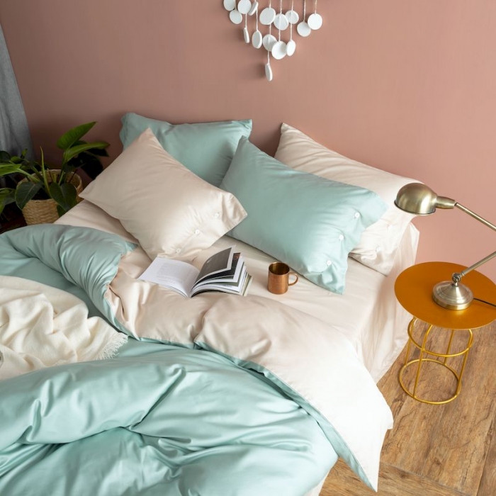 91家纺网 家纺一手货源 找家纺 涞澳家纺2019新款60长绒棉平色二简易四件套亚麻灰配梵星蓝