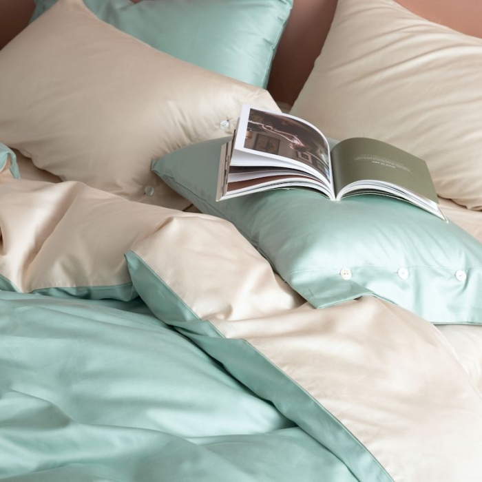 91家纺网 家纺一手货源 找家纺 涞澳家纺2019新款60长绒棉平色二简易四件套亚麻灰配梵星蓝