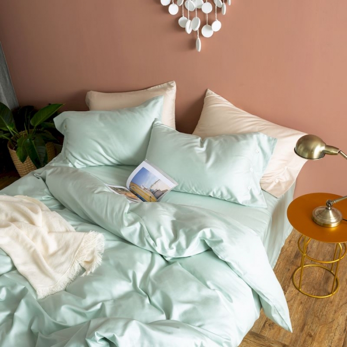 91家纺网 家纺一手货源 找家纺 涞澳家纺 2019新款60长绒棉平色简易四件套 艾草绿