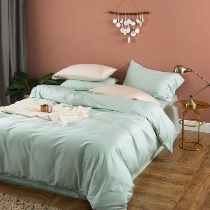 91家纺网 家纺一手货源 找家纺 涞澳家纺 2019新款60长绒棉平色简易四件套 艾草绿