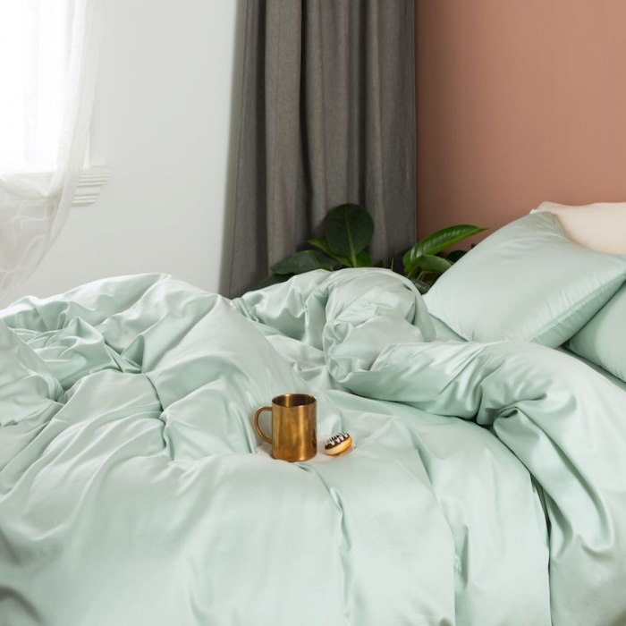 91家纺网 家纺一手货源 找家纺 涞澳家纺 2019新款60长绒棉平色简易四件套 艾草绿