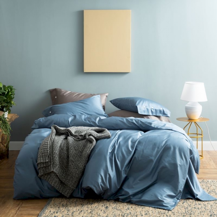 91家纺网 家纺一手货源 找家纺 涞澳家纺 2019新款60长绒棉平色简易四件套 宾利蓝