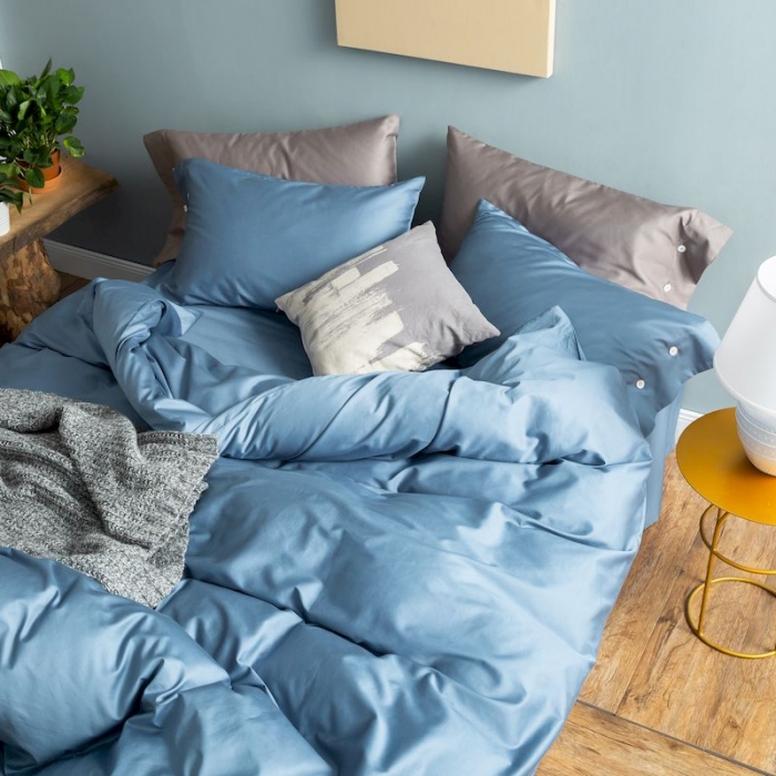 91家纺网 家纺一手货源 找家纺 涞澳家纺 2019新款60长绒棉平色简易四件套 宾利蓝