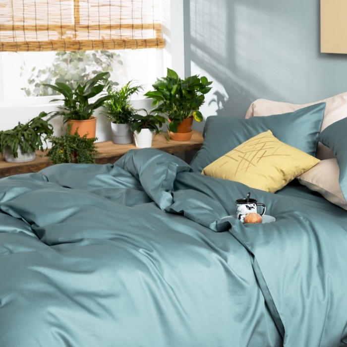 91家纺网 家纺一手货源 找家纺 涞澳家纺 2019新款60长绒棉平色简易四件套 冰蓝