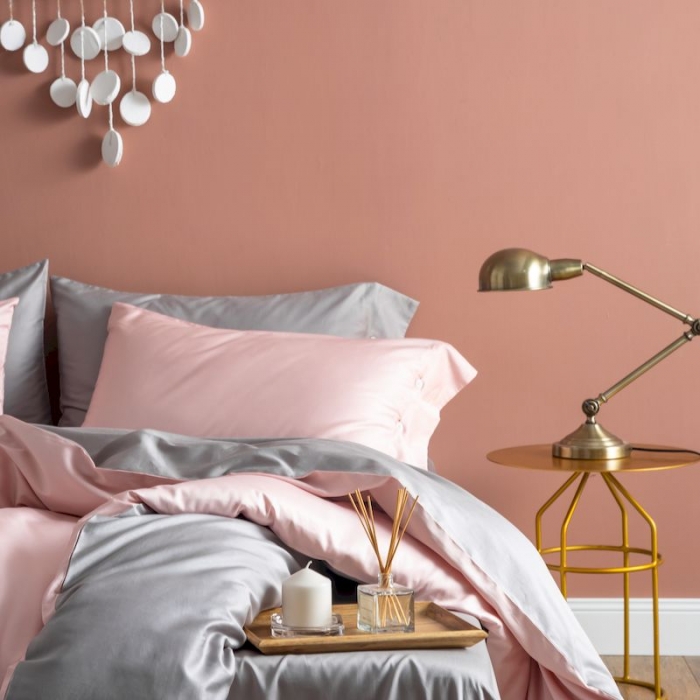 91家纺网 家纺一手货源 找家纺 涞澳家纺 2019新款60长绒棉平色二简易四件套帝灰配浅藕粉