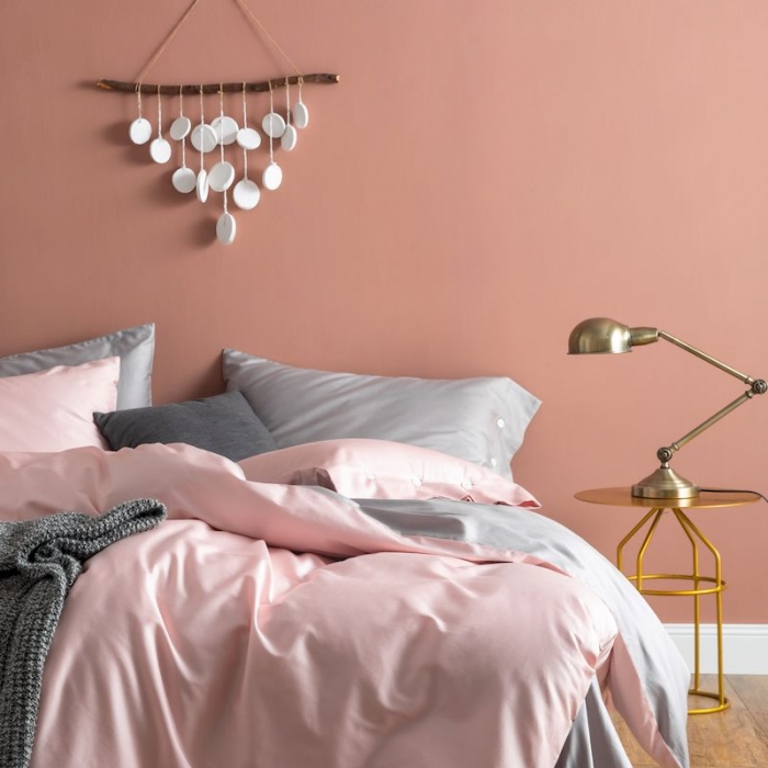 91家纺网 家纺一手货源 找家纺 涞澳家纺 2019新款60长绒棉平色二简易四件套帝灰配浅藕粉