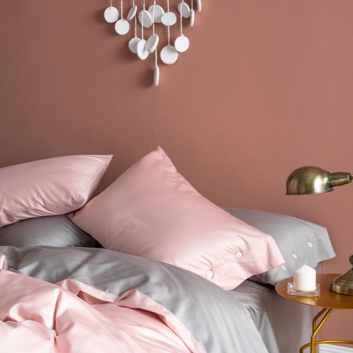 91家纺网 家纺一手货源 找家纺 涞澳家纺 2019新款60长绒棉平色二简易四件套帝灰配浅藕粉