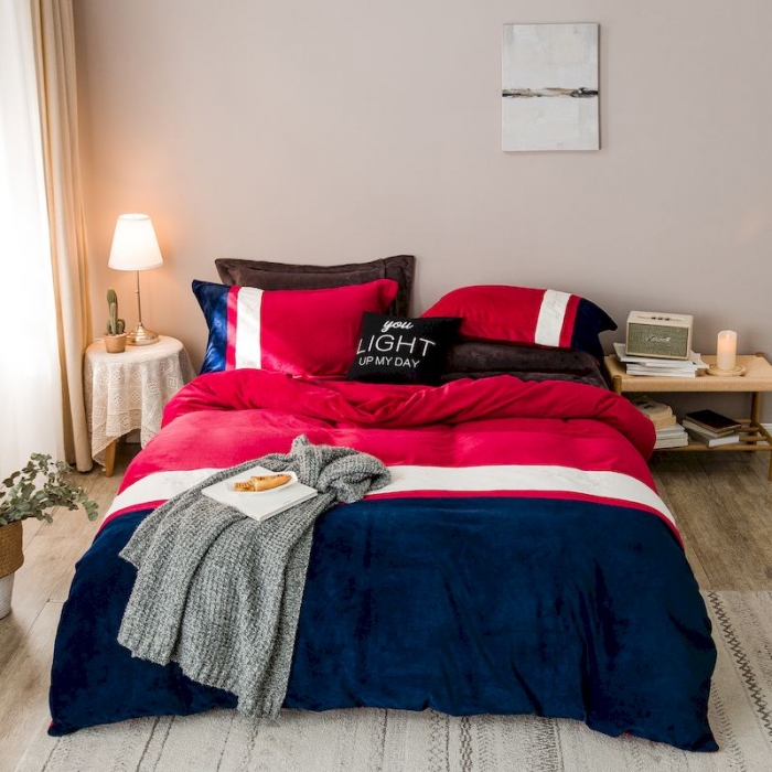 91家纺网 家纺一手货源 找家纺 涞澳 2019新款美绒系列四件套 拼色—红蓝