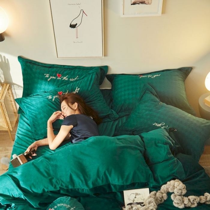 91家纺网 家纺一手货源 找家纺 涞澳 2019新款澳绒系列四件套 爱心—绿