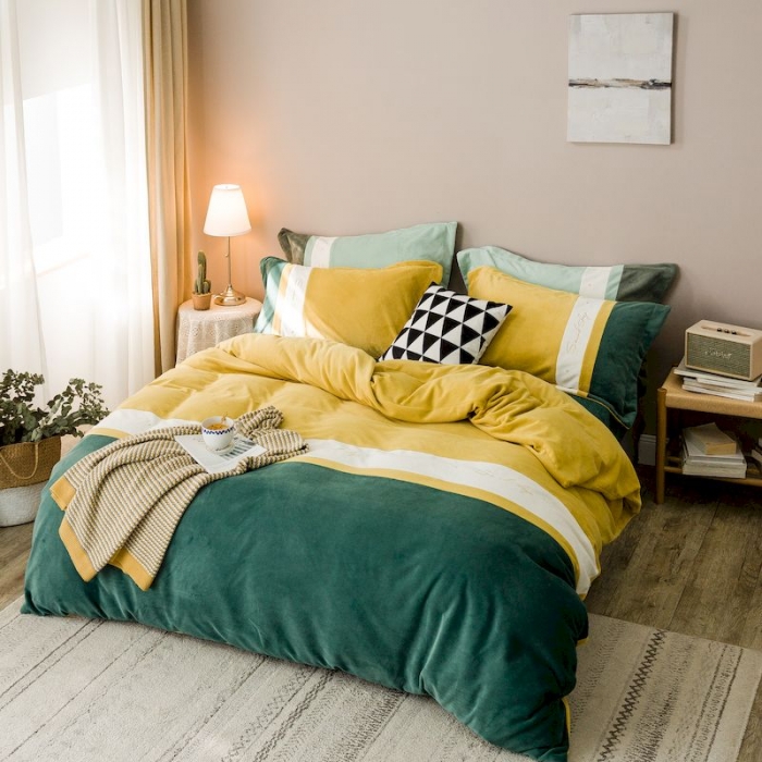 91家纺网 家纺一手货源 找家纺 涞澳 2019新款美绒系列四件套 拼色—黄绿1