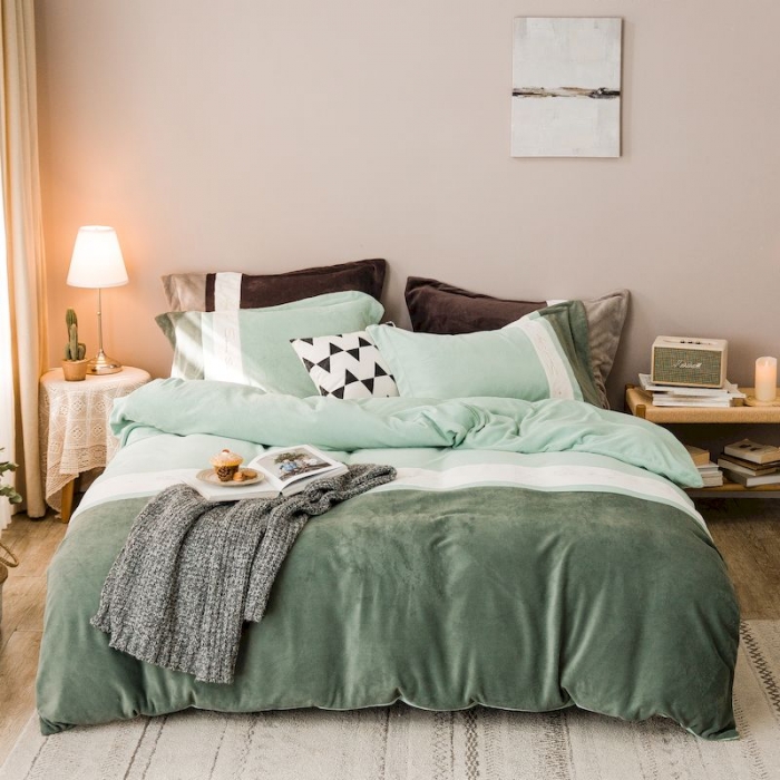 91家纺网 家纺一手货源 找家纺 涞澳 2019新款美绒系列四件套 拼色—蓝灰