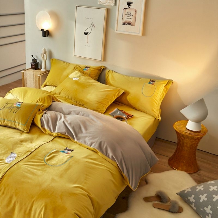 91家纺网 家纺一手货源 找家纺 涞澳 2019新款澳绒系列四件套 口袋—黄