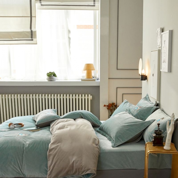 91家纺网 家纺一手货源 找家纺 涞澳 2019新款澳绒系列四件套 口袋—浅蓝