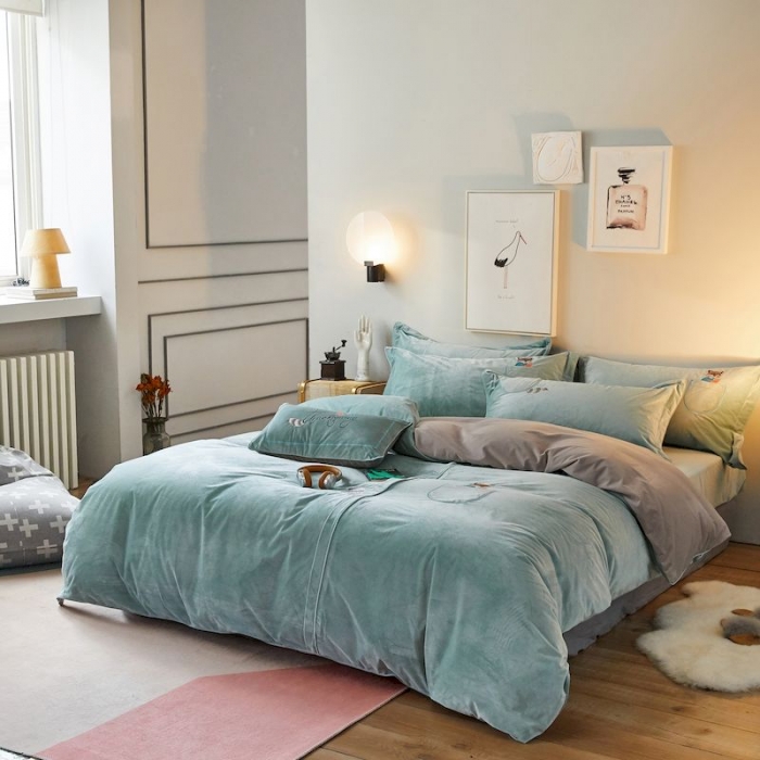 91家纺网 家纺一手货源 找家纺 涞澳 2019新款澳绒系列四件套 口袋—浅蓝