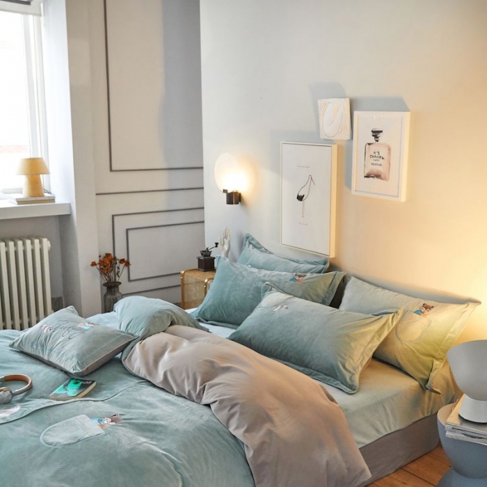 91家纺网 家纺一手货源 找家纺 涞澳 2019新款澳绒系列四件套 口袋—浅蓝