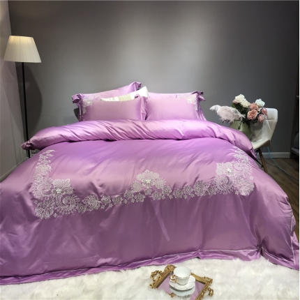 玉皇阁 爱丽丝A面水洗真丝刺绣+B面纯棉四件套床单款 紫红