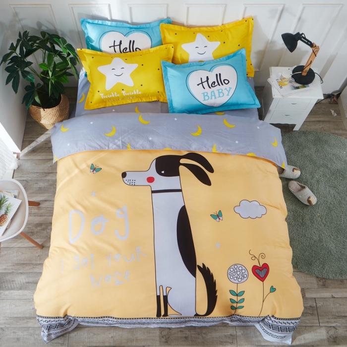 91家纺网 家纺一手货源 找家纺 诗洋洋家纺 大版加厚磨毛四件套床单款 呆萌小狗