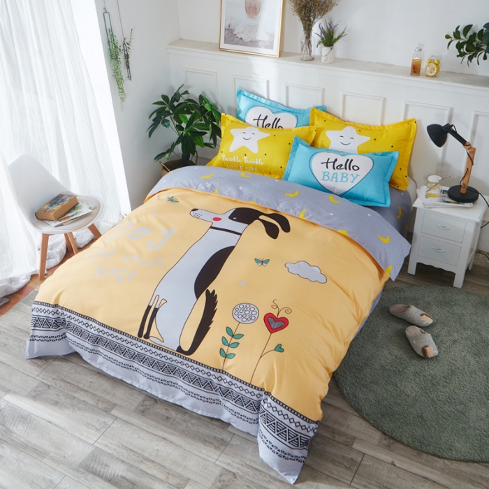 91家纺网 家纺一手货源 找家纺 诗洋洋家纺 大版加厚磨毛四件套床单款 呆萌小狗