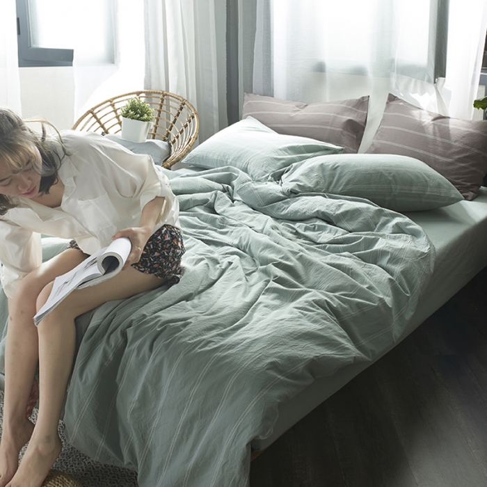 91家纺网 家纺一手货源 找家纺 璞素 2019新款水洗棉四件套 浅绿宽条