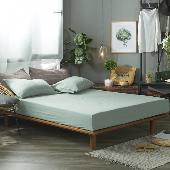 91家纺网 家纺一手货源 找家纺 璞素 2019新款水洗棉四件套 浅绿宽条