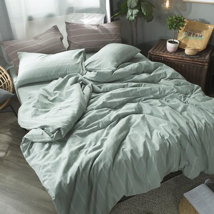 91家纺网 家纺一手货源 找家纺 璞素 2019新款水洗棉四件套 浅绿宽条