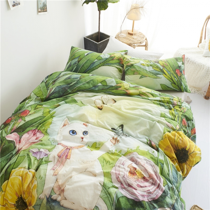 91家纺网 家纺一手货源 找家纺 璞素 2019新款水洗棉数码印花套件 喵语花香