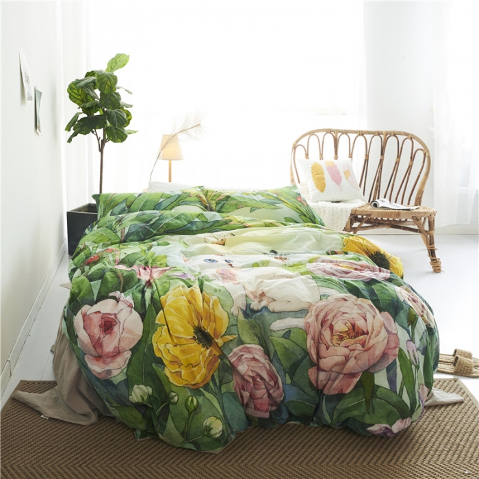 91家纺网 家纺一手货源 找家纺 璞素 2019新款水洗棉数码印花套件 喵语花香