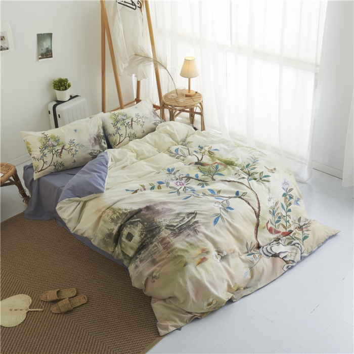 91家纺网 家纺一手货源 找家纺 璞素 2019新款水洗棉数码印花套件 水墨乡野