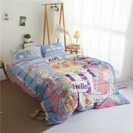 91家纺网 家纺一手货源 找家纺 璞素 2019新款水洗棉数码印花套件 网络生活-蓝