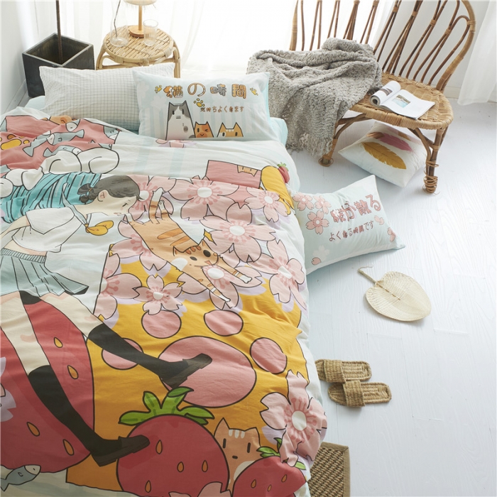 91家纺网 家纺一手货源 找家纺 璞素 2019新款水洗棉数码印花套件 樱花与猫